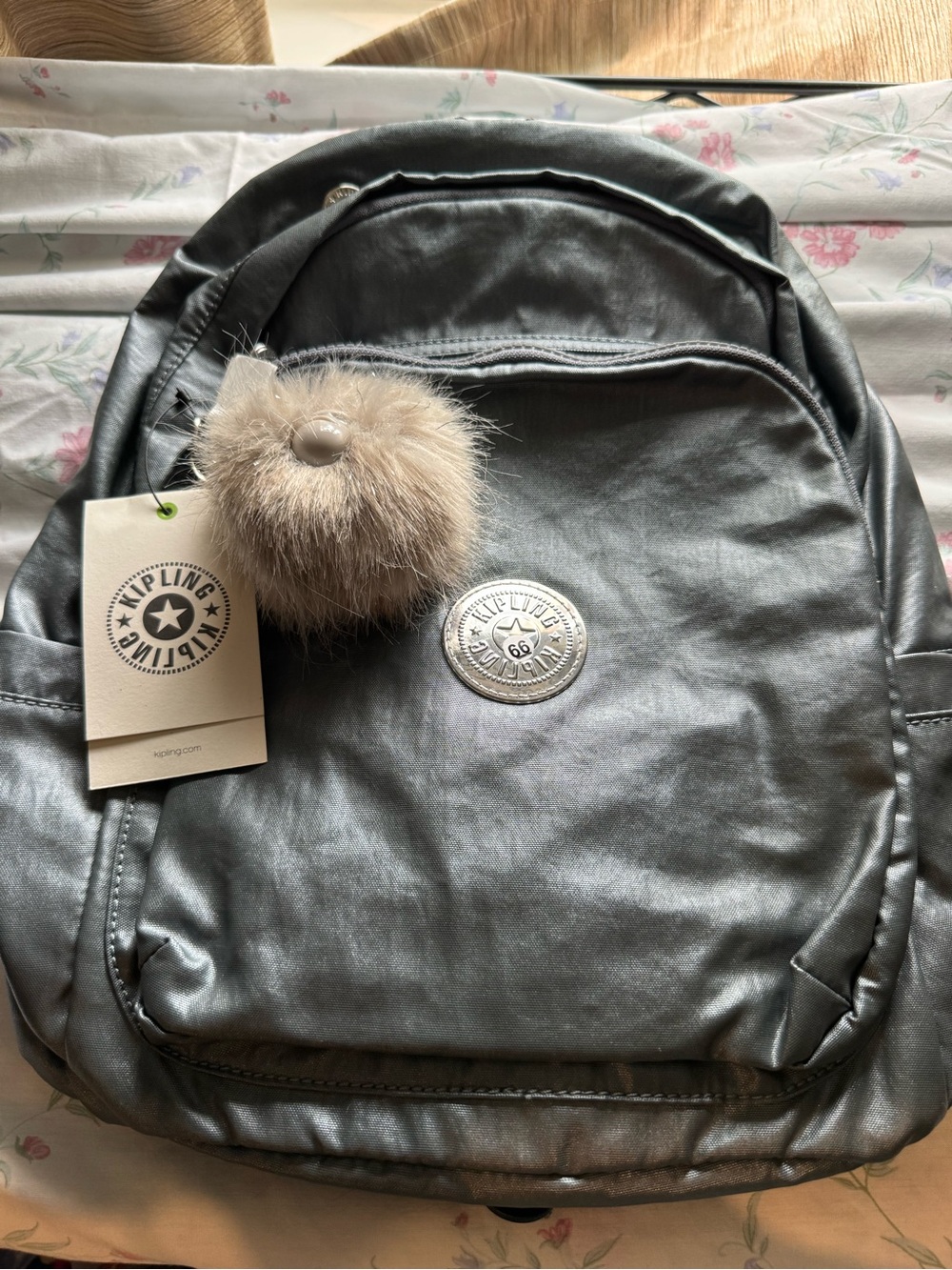 Kipling Light Silver Gray Faux Fur Pom Pom Bag Charm